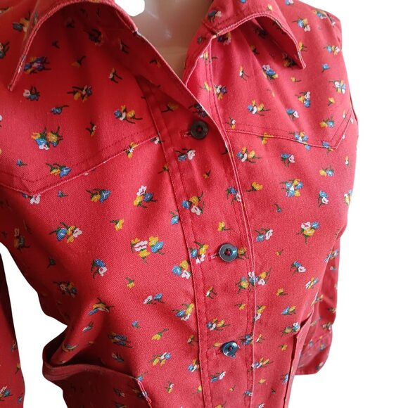 Women's 1OF1 Small Vintage Shirt Top Jacket 1970's Red Button-Up Floral Handmade - Picture 2 of 8